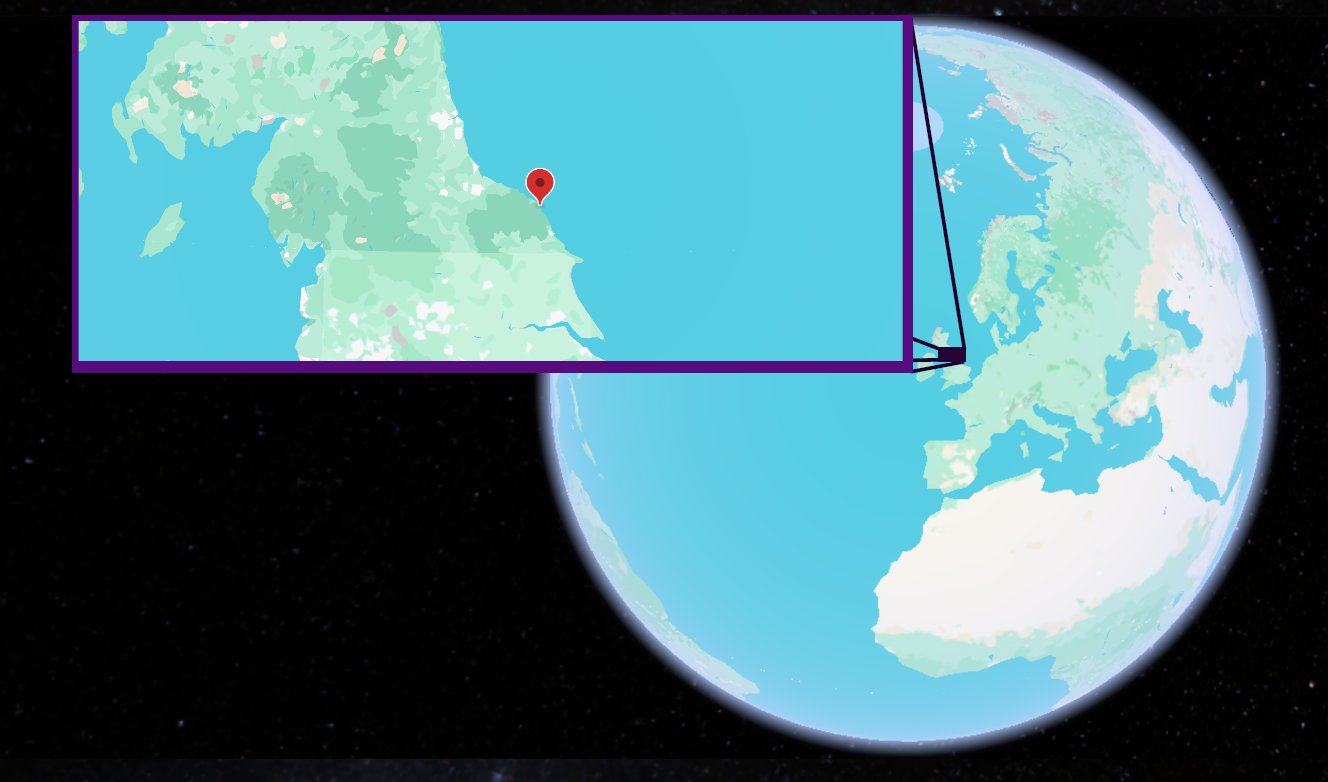 Robin Hood's Bay, Yorkshire shown on the globe
